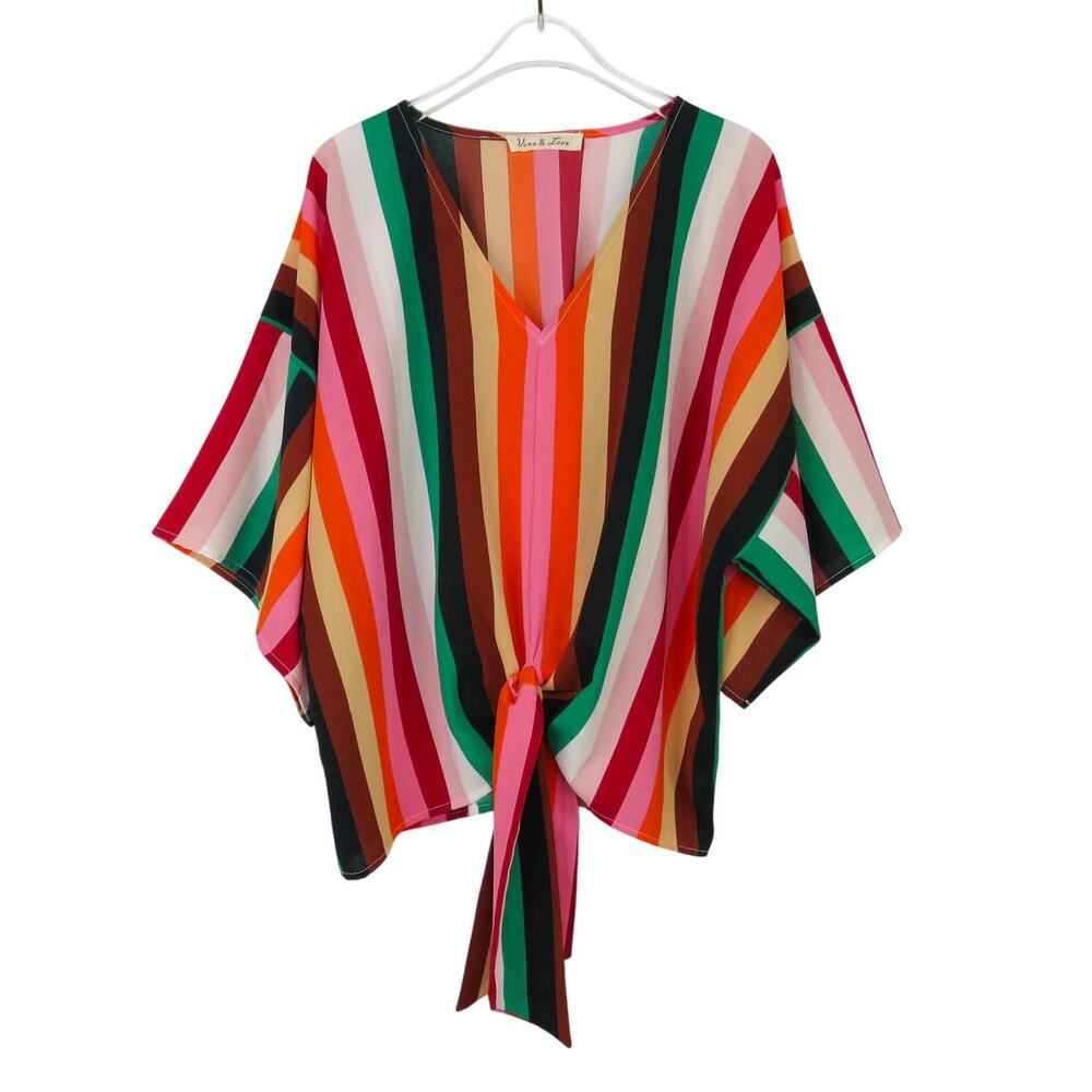 Lulu's Vine & Love Multicolor Rainbow Striped Front Tie Short Sleeve Top Small